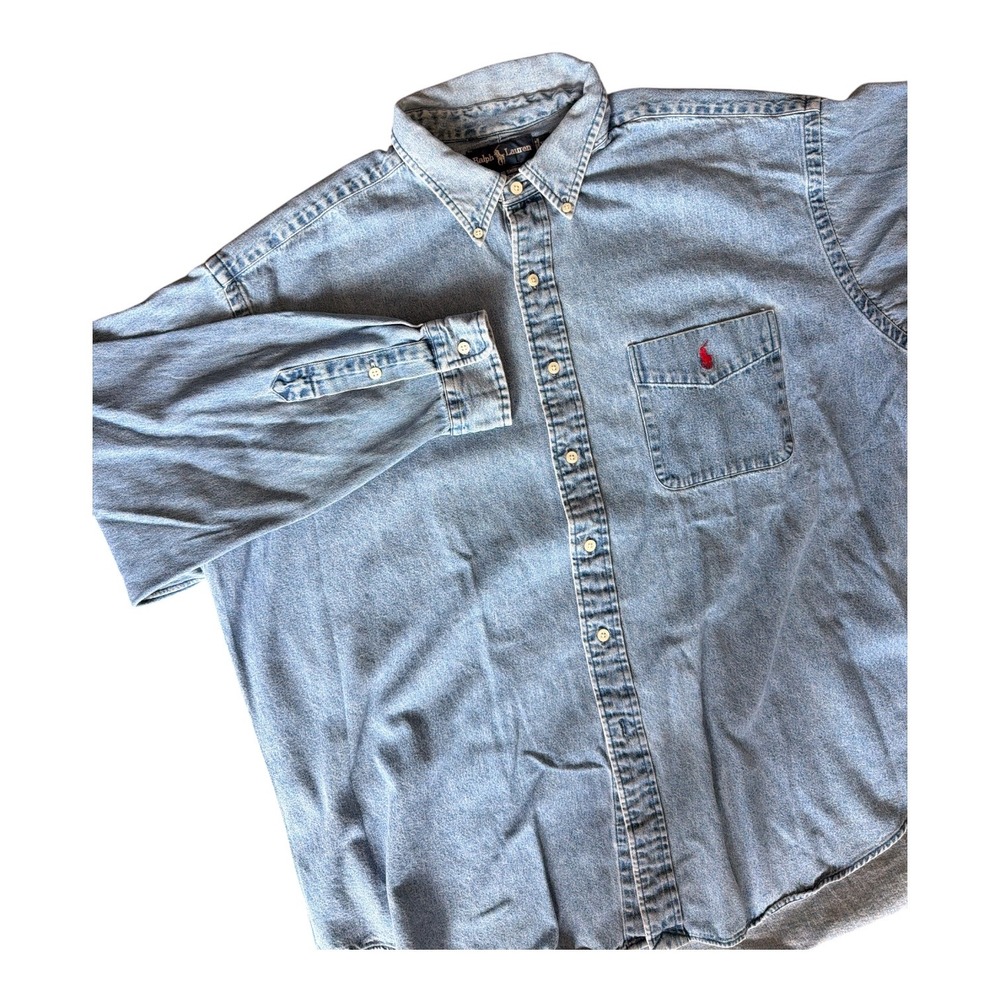 Ralph Lauren Vintage 90s Big Shirt Mens XL Red Pony Denim Button Cotton Down